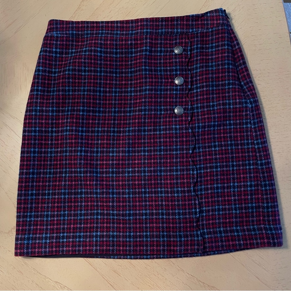 Talbots Plaid Tweed Skirt Size 10 Blue Red Wool Blend Faux Wrap